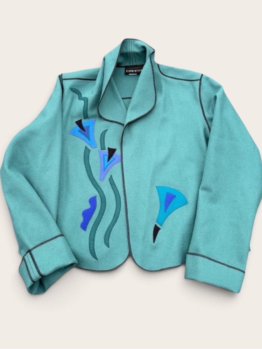 VINTAGE Beppa 100% Wool Jacket Womens XS Teal Abstract Appliqué Made in USA